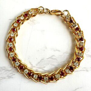 Gold Plated Red & Clear Rhinestone Chain Bracelet With Lobster Clasp